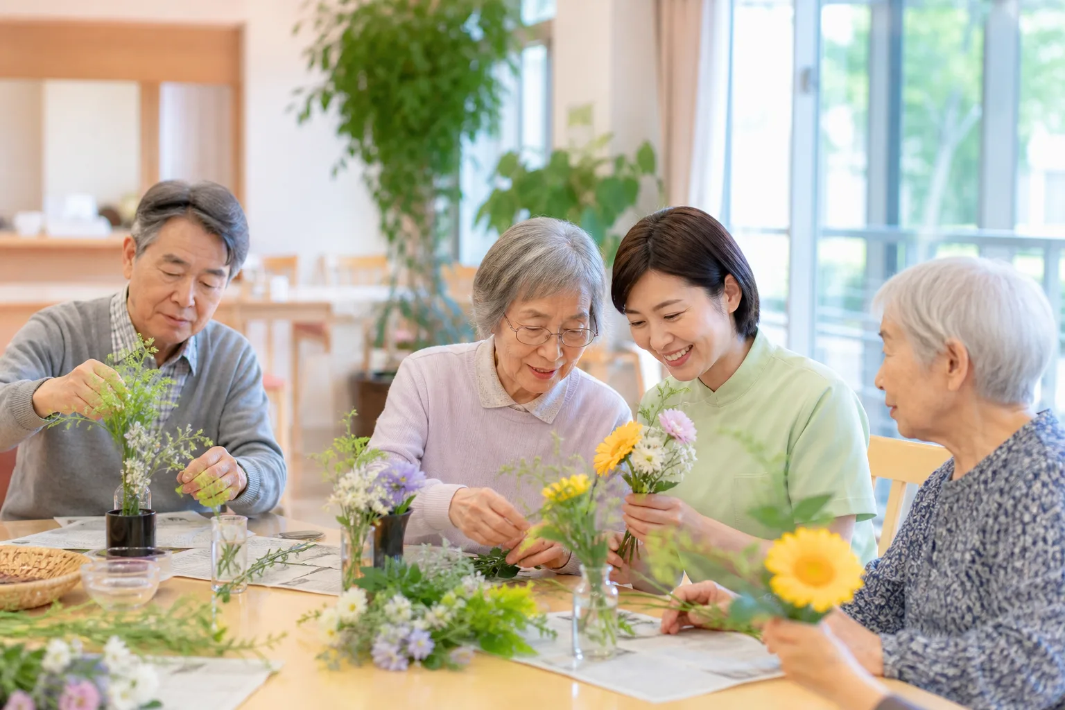 入居者と介護職員が花を生けるレクリエーションのイメージ